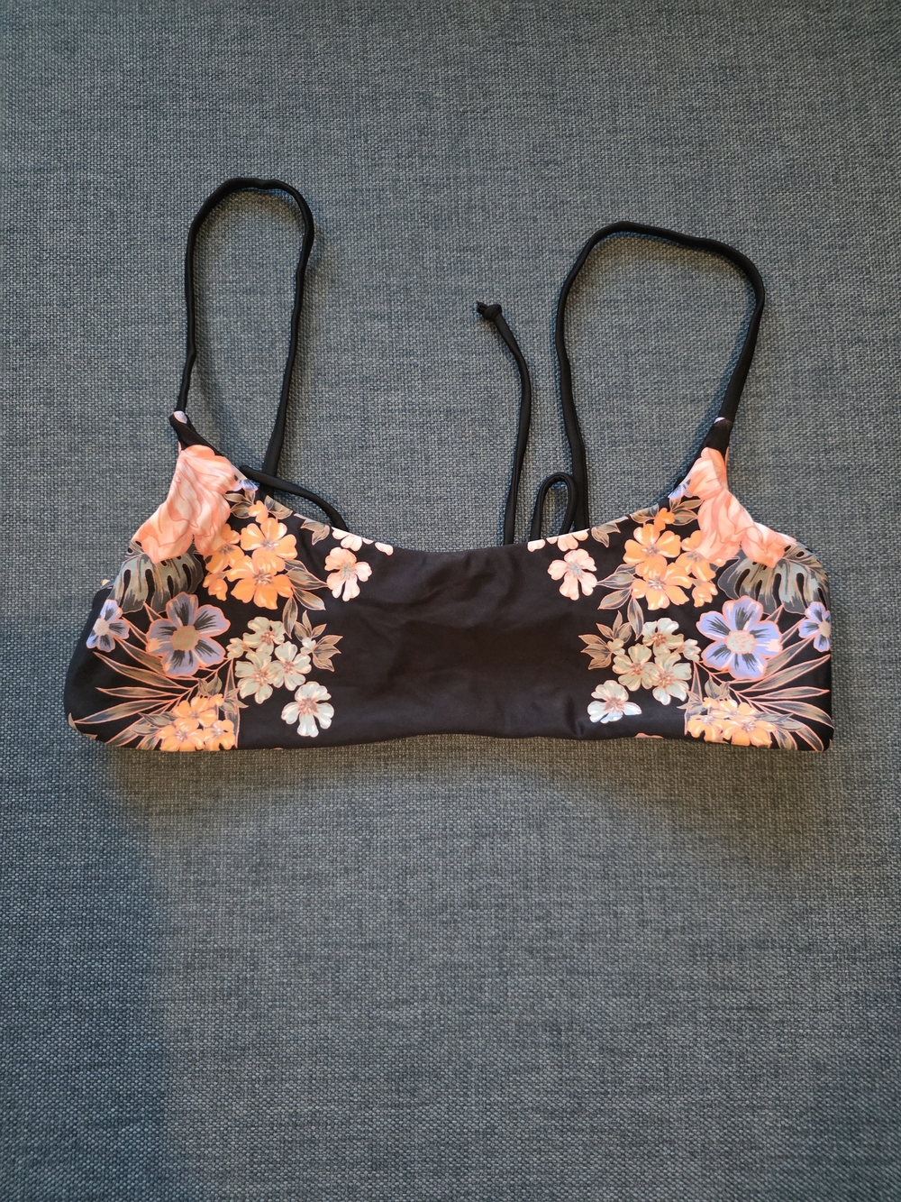 Floral Black Bikini Top with Peach & Lavender Flowers
